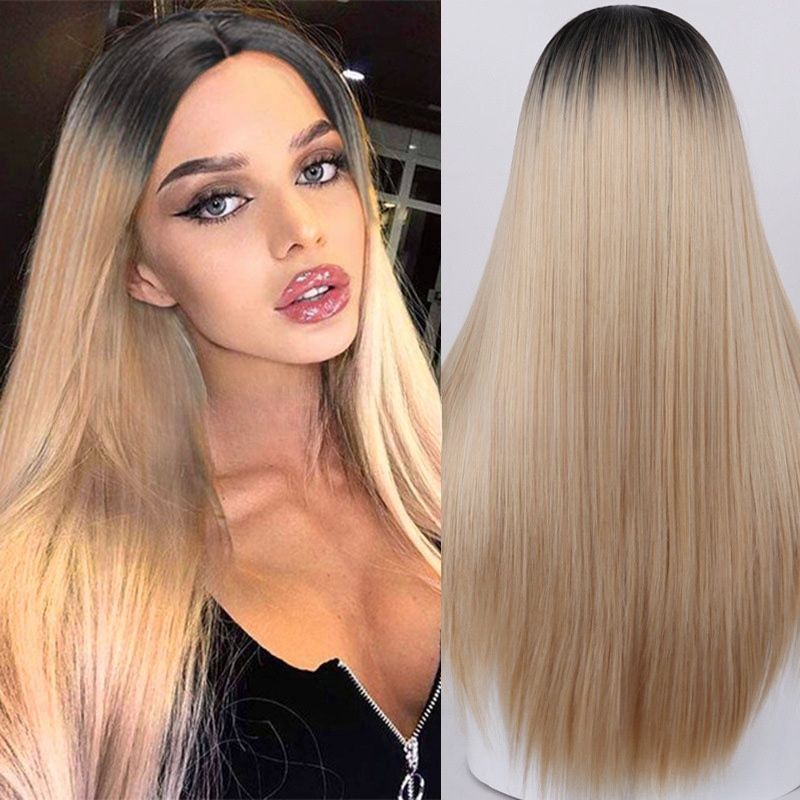 Hat wig female one-piece black long straight hair European and detail view 3