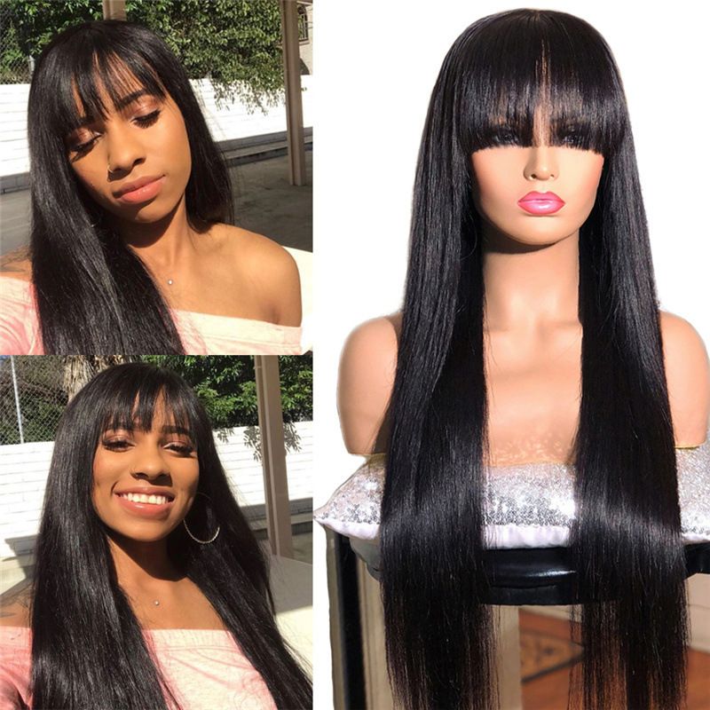 Hat wig female one-piece black long straight hair European and detail view 2