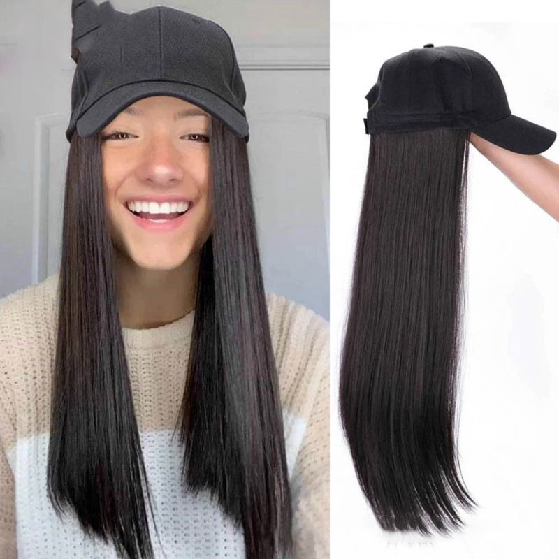 Hat wig female one-piece black long straight hair European and view 3