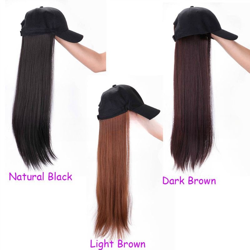 Hat wig female one-piece black long straight hair European and view 2