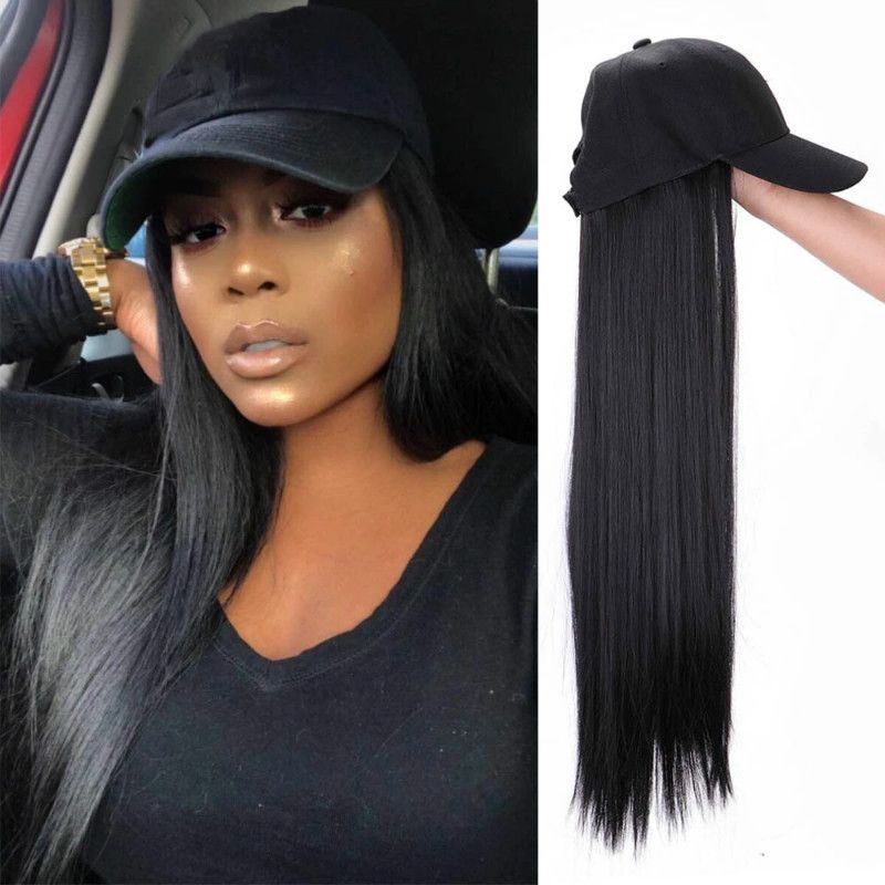 Hat wig female one-piece black long straight hair European and