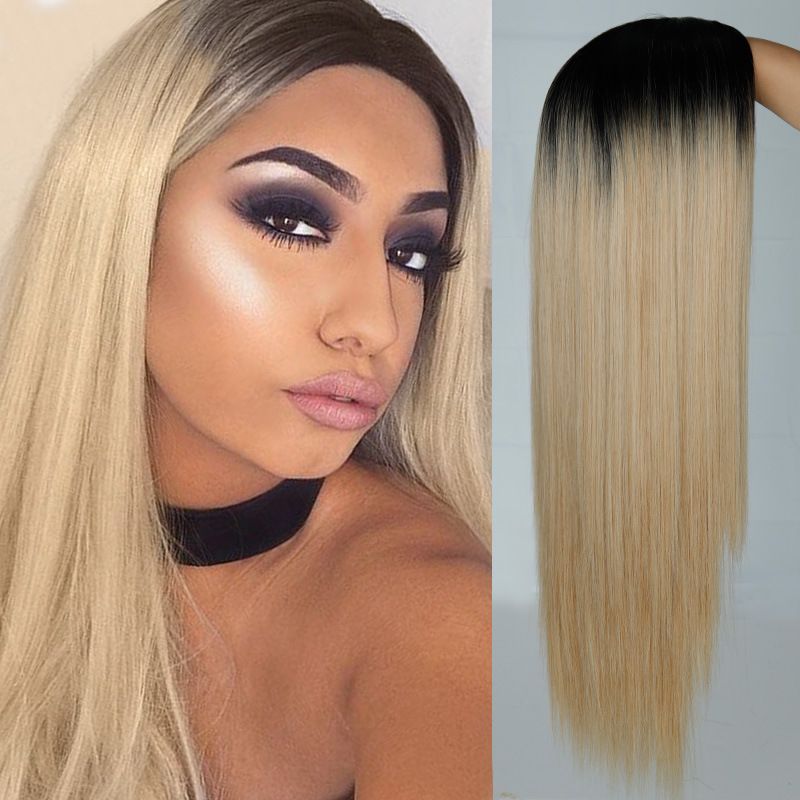 Hat wig female one-piece black long straight hair European and detail view 4
