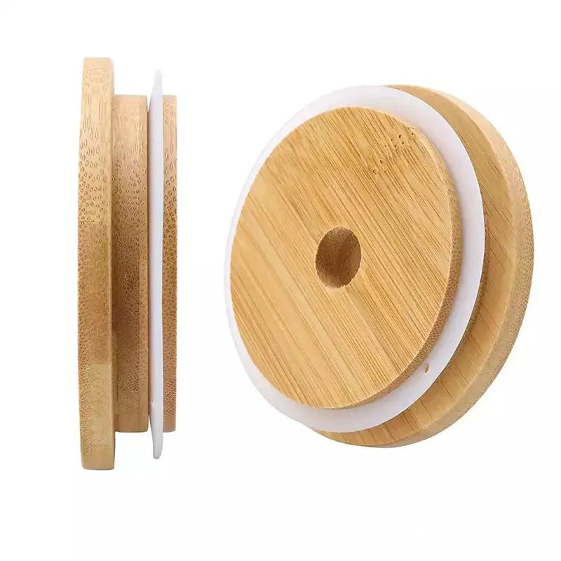 Bamboo Drinking Cup Sets Lids 70mm 88mm Reusable Wooden With Straw