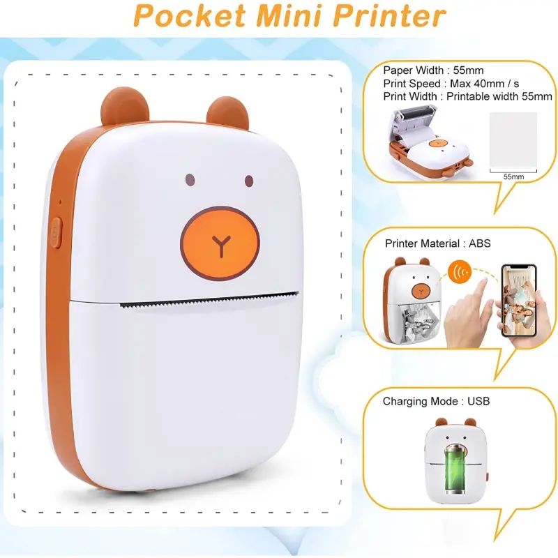 Portable Printer, Mini Pocket Wireless Bluetooth Thermal Printers with 6  Rolls Printing Paper for Android iOS Smartphone, BT Inkless Printing Gift  for