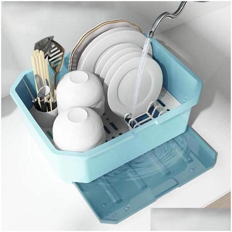 Household Kitchen Dish Rack Drain Storage Box Cupboard With Cover