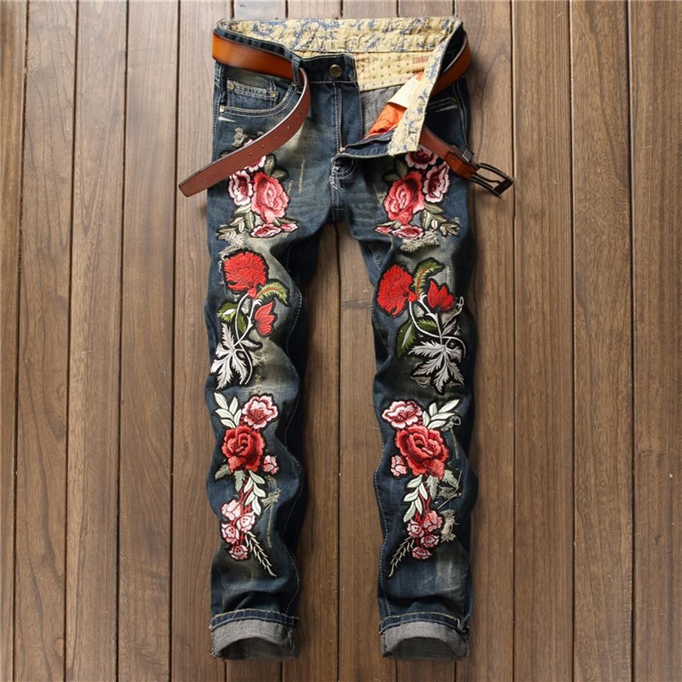 Embroidered Rose Mens Jeans Retro Blue Ripped Hole Denim Pants