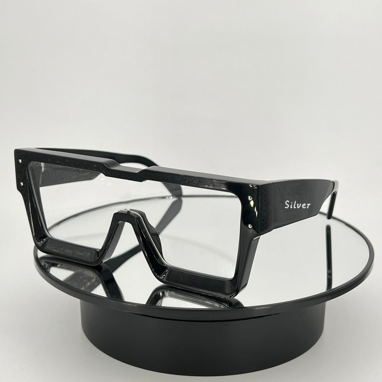 black clear lenses silver letters