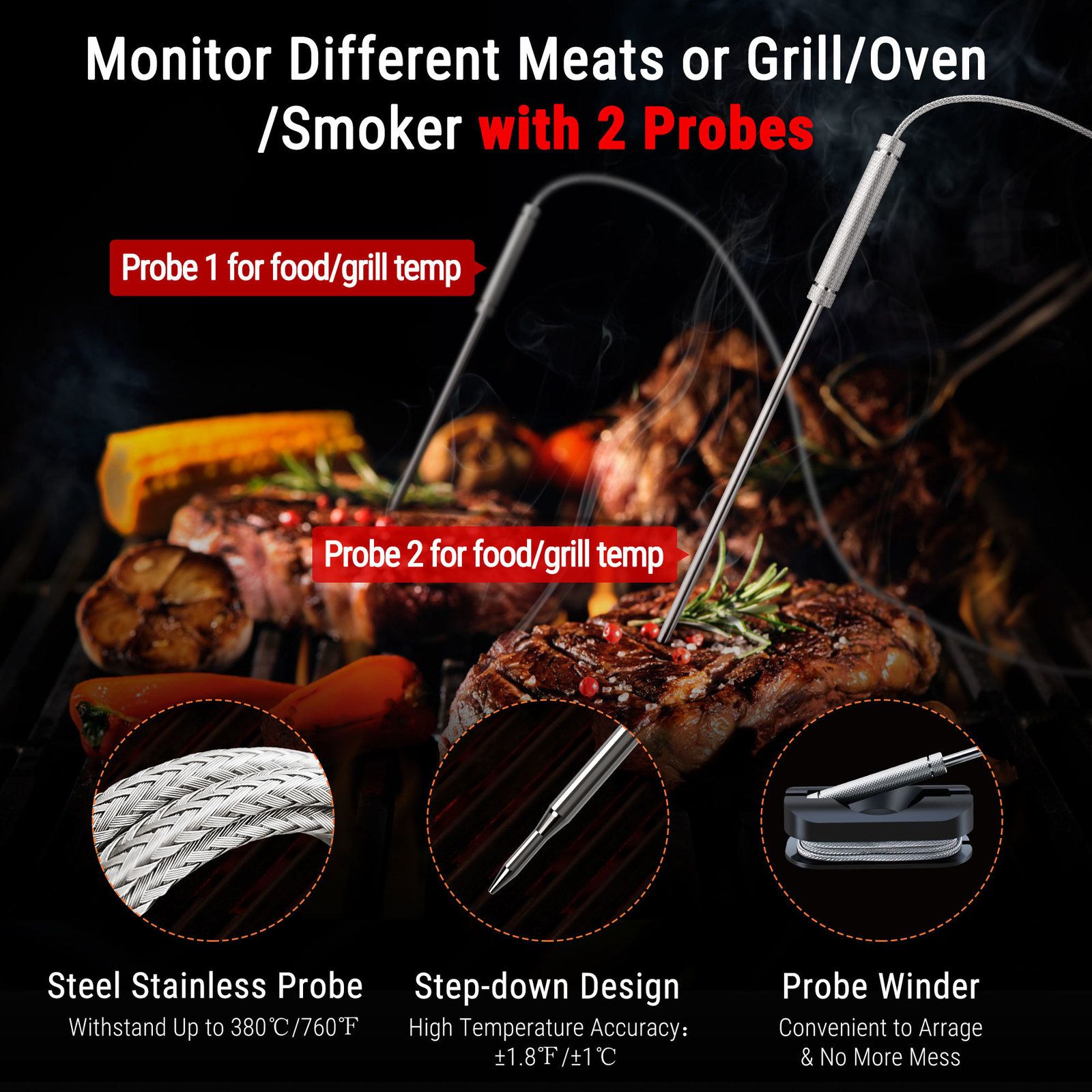 ThermoPro 500ft Wireless Bluetooth Meat Thermometer with 4 Temperature  Probes Grilling Oven Food Smoker Thermometer, Rechargeable