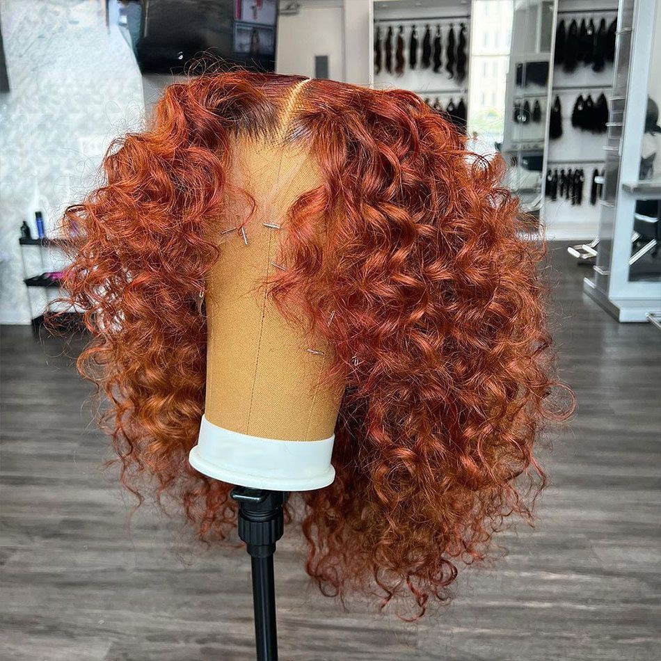 Orange Brown Deep Curly Short Bob Human Hair Wig 360