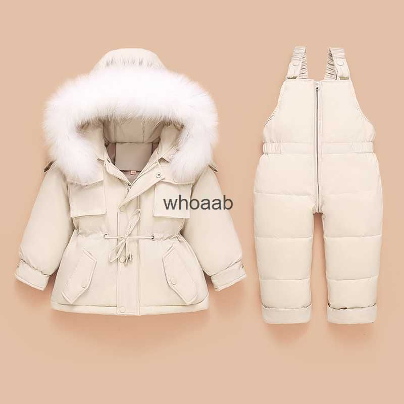 2023 New Winter 2 3 4 6 8 Years Fur Hooded Jacket+Overalls Suit 2Pcs Duck  Down Children Clothing Set for Baby Kids Girls Boys Color: Red, Kid Size:  24M