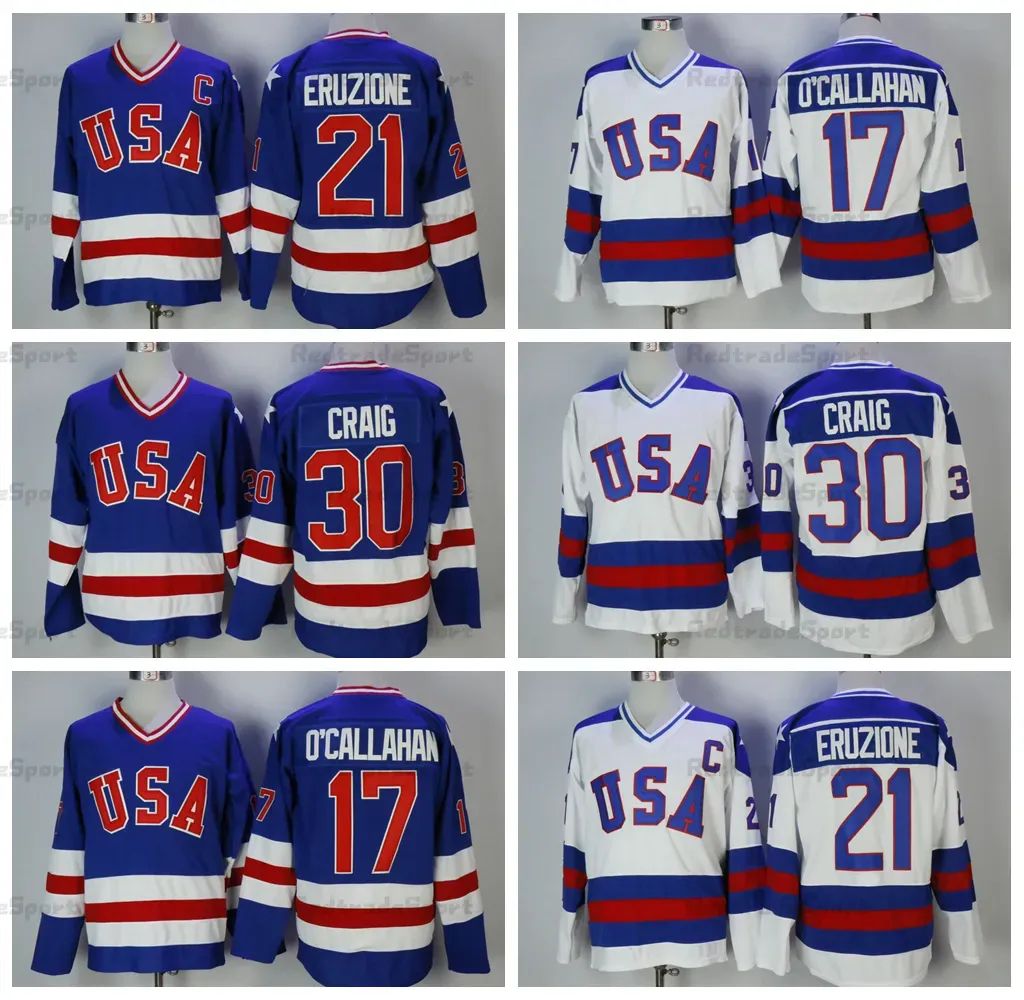 1980 USA Hockey Jersey 30 Jim Craig 21 Mike Eruzione 17 Jack  O'Callahan Sewn