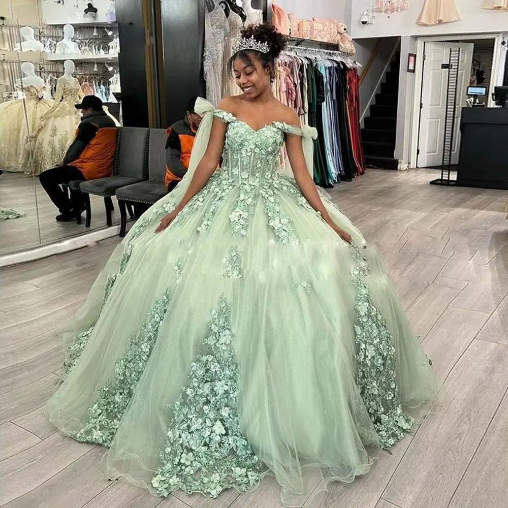 Off Shoulder Sleeveless Sequins 3D Flower Appliques Bow Knot Mint Green Quinceanera Dress for Sweet 16 WQ1388