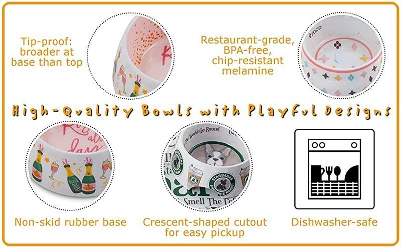 Pawsome Pets Food Safe Non Skid Dog Bowls & Mats: BPA Free, Tip Proof, Chip  Proof Melamine Dishes W/Designer Parody Art 2 Bowls, 23oz J01 From  Dggestore, $12.87