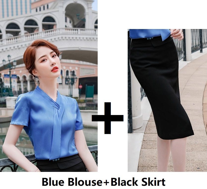 Blauwe blouse rok