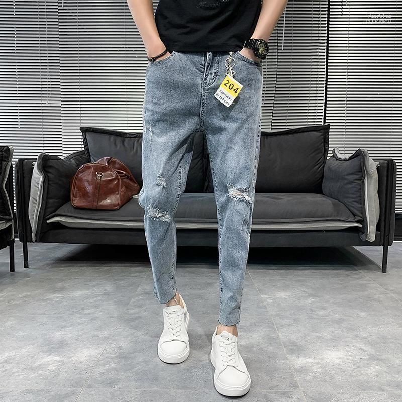 Men's Jeans Korean Fashion Men Clothing Cropped Jeans Casual Streetwear  Frayed Calf-Length Pants Men Elastic Waist Men Trousers, Men's Fashion,  Bottoms, Shorts on Carousell