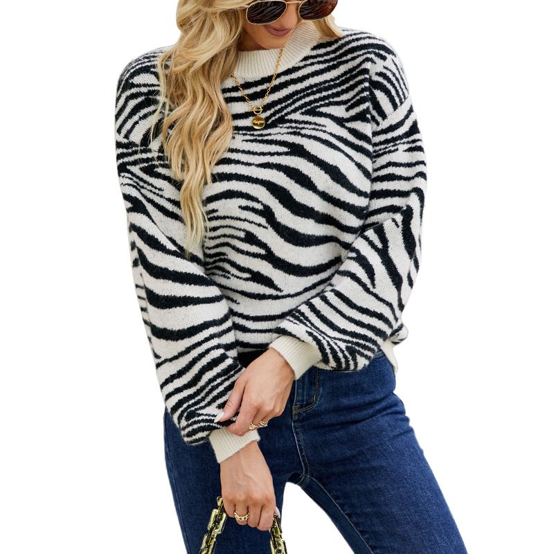 Crew Neck Pullover Women's Sweaters Lady Wild Animal Tiger Skin Pattern  Knitted Blouse Tops with Loose Lantern Long Sleeves Rib Stiches Cuff Button  Autmn Winter