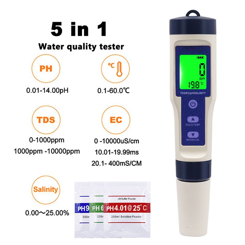 5 en 1 TDS/EC/PH/salinité/température testeur numérique de moniteur de qualité  de l'eau pour piscines, eau potable, aquariums