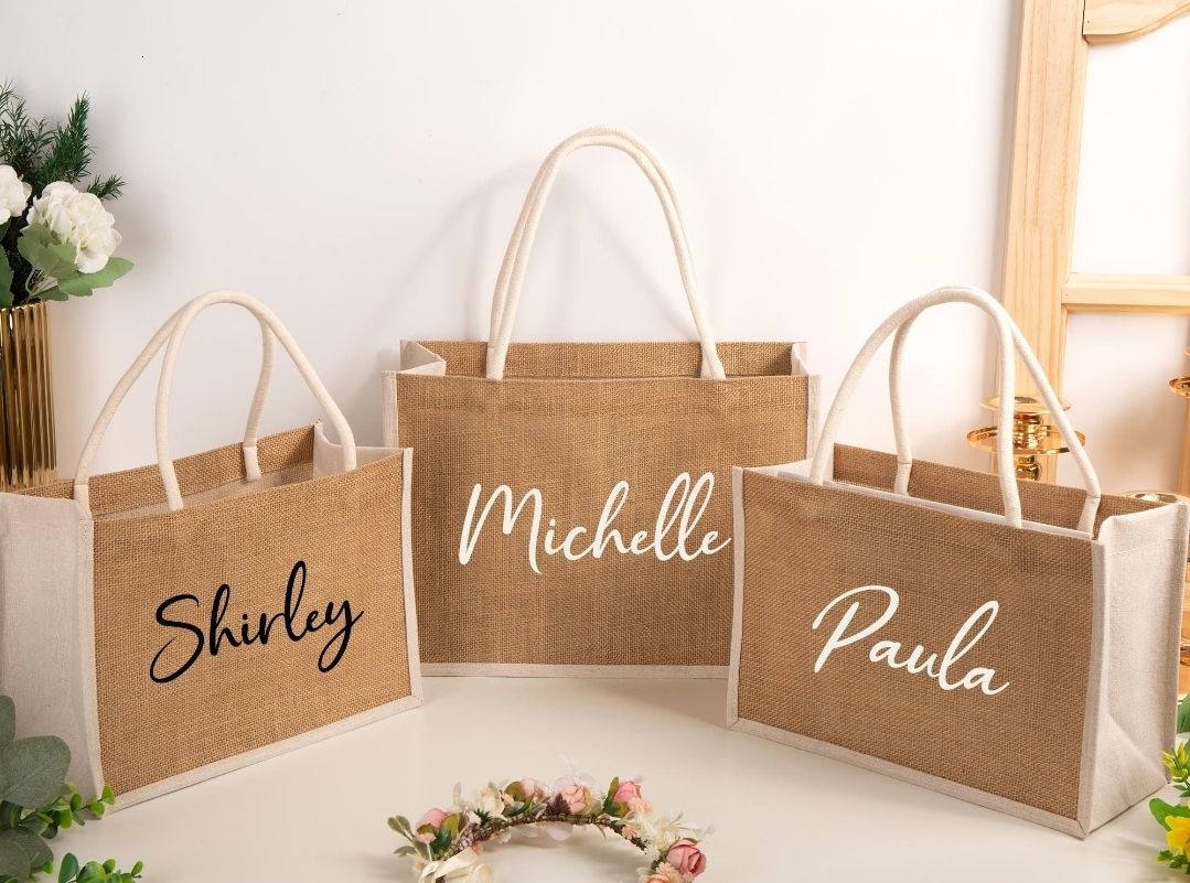  Personalized Burlap Tote Bags, Custom Name Jute Bag