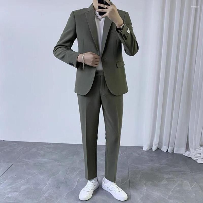 Men's Casual Business Blazer Trousers Two-Piece Set Solid Color