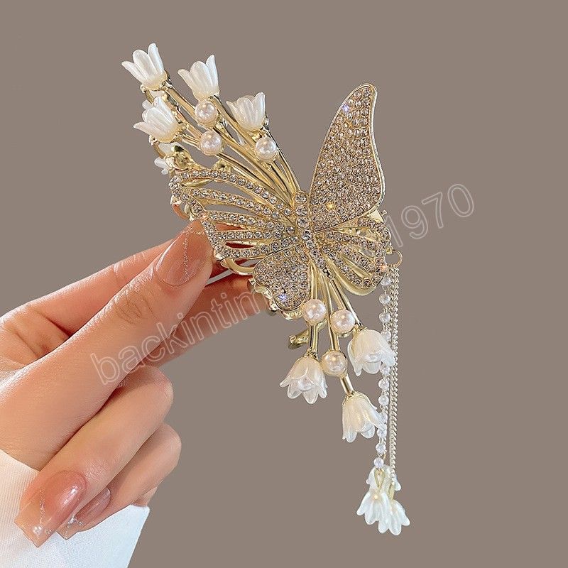Vintage Flower Butterfly Tassel Hair Clips With Rhinestones And
