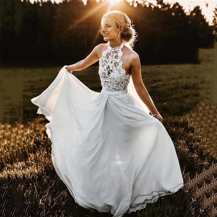 Lace Chiffon Boho Wedding Dress Halter Beads Floor Length A Line Bohemian  Bridal Gowns Robe De Mariage 2020 Outdoor Wedding Dresse2573 From Wedsw96,  $78.4