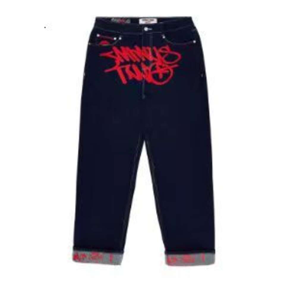Black jeans with red lettering