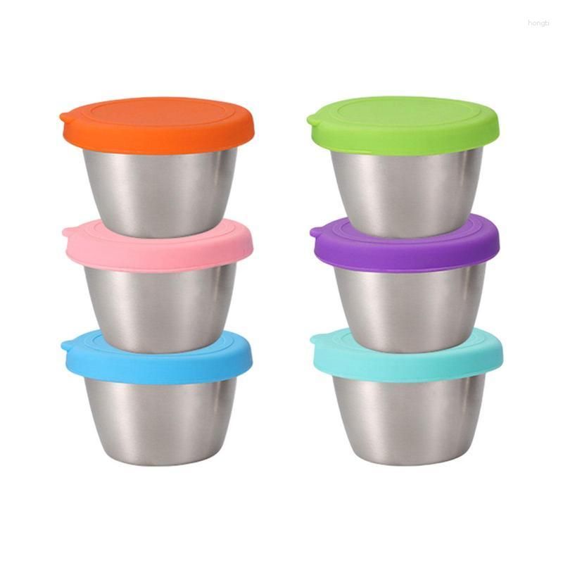 6Pcs Salad Dressing Container Stainless Steel Small Condiment Containers  with Silicone Lids Kitchen Accessories Leak Proof