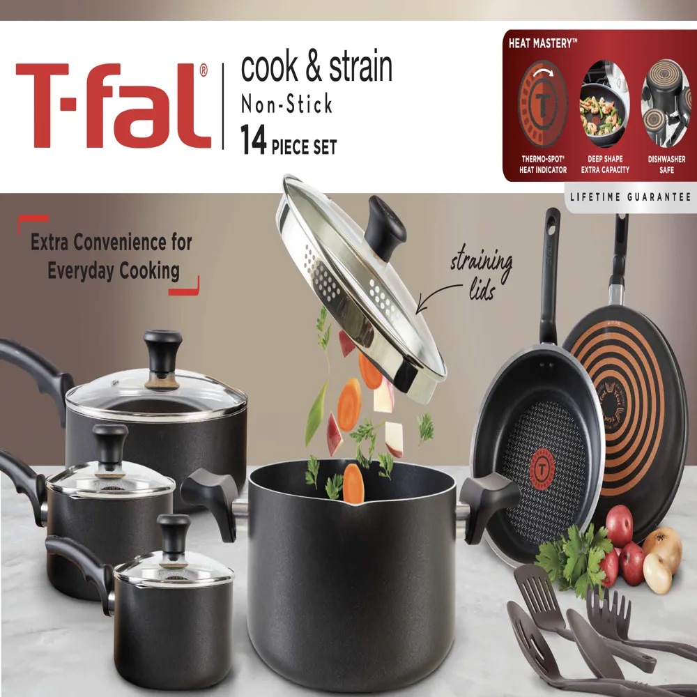T-fal Initiatives Nonstick Cookware Set 18 Piece Pots and Pans, Dishwasher  Safe Black induction cookware