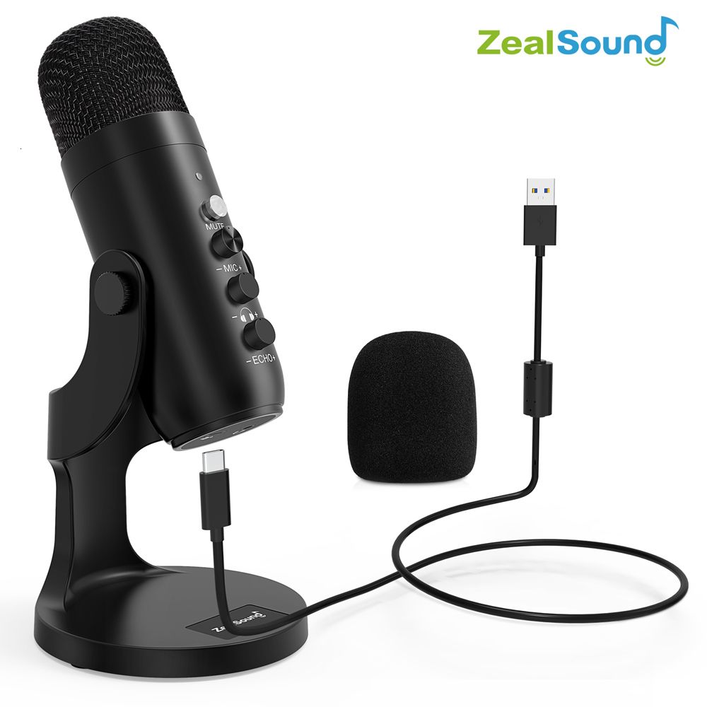 ZealSound USB Microphone,ASMR Microphone Metal for PC Computer Black