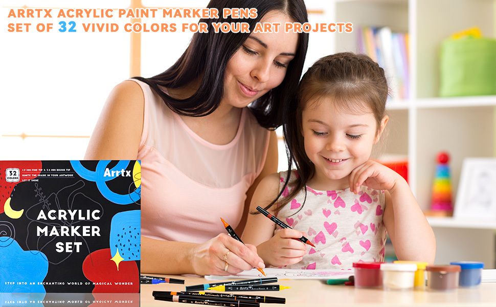 Acrylic Markers Arrtx 32 Colors Fine & Brush Dual Tips Permanent