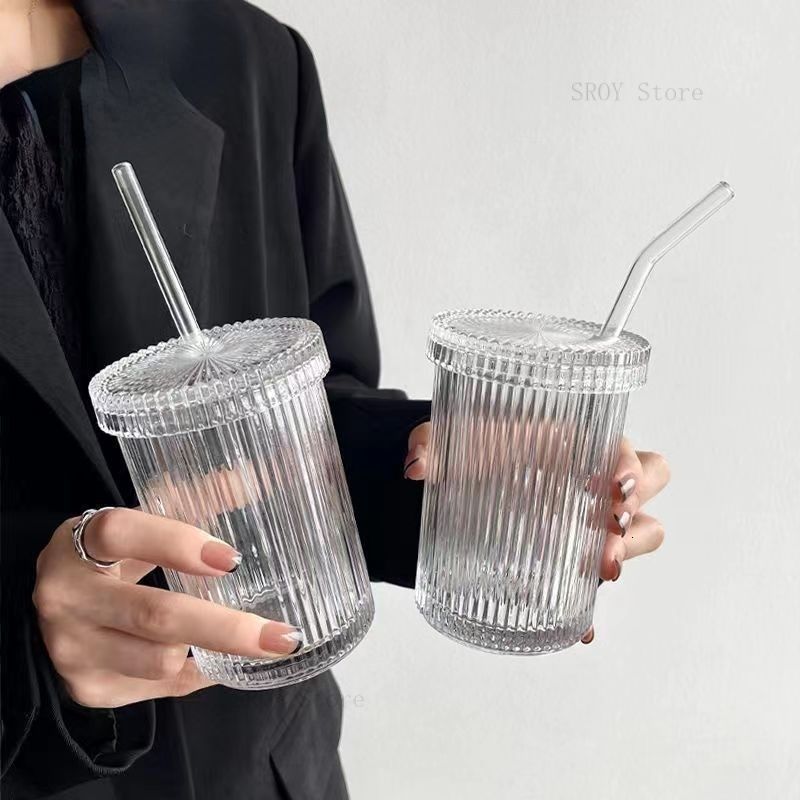 375ml Simple Stripe Glass Cup With Lid And Straw Transparent