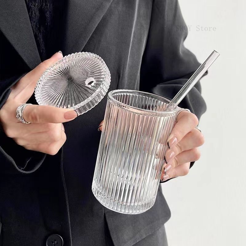 375ml Simple Stripe Glass Cup With Lid And Straw Transparent Bubble Tea Cup  Juic