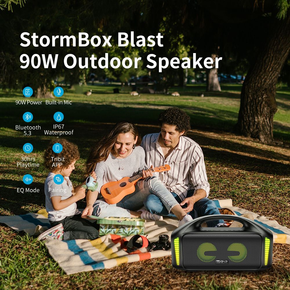 Tribit StormBox Blast Portable Speaker,90W Stereo Sound Loud Speaker with XBass,IPX7 Waterproof Bluetooth Speaker LED Light, Powerbank, Bluetooth 5.3