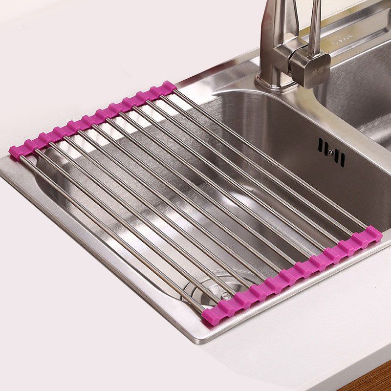 1pc Foldable Sink Dish Drying Mat, Simple Grey Stainless Steel Dish  Draining Rack For Kitchen