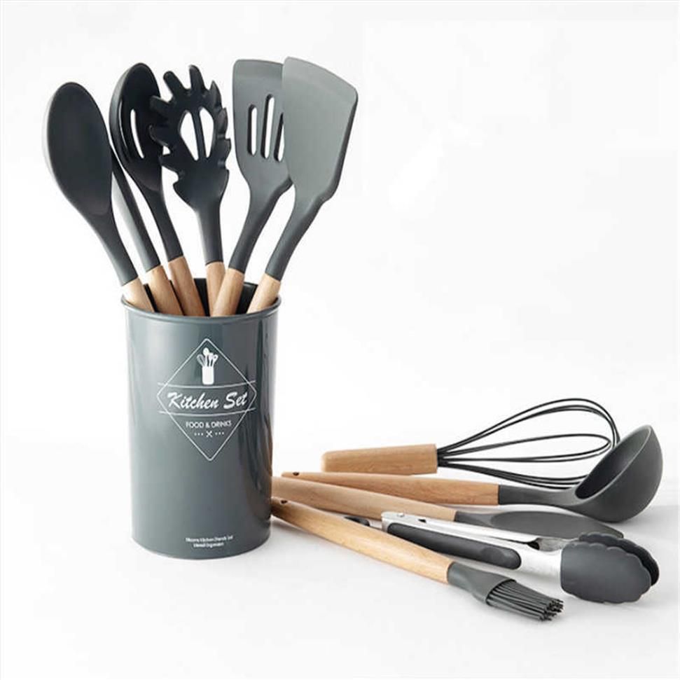 Silicone Cooking Utensils Set Non-Stick Spatula Shovel Wooden Handle Cooking  Tools Set With Storage Box