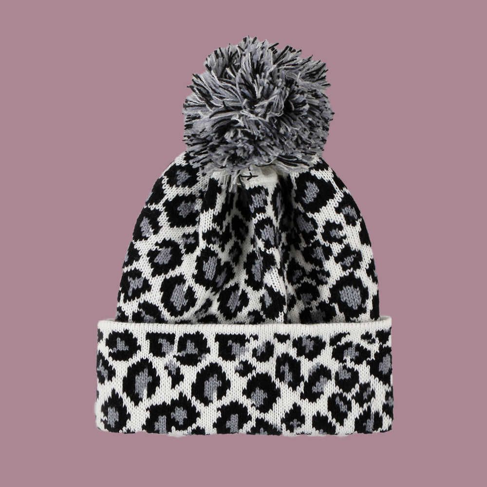 wool ball leopard pattern knitted hat