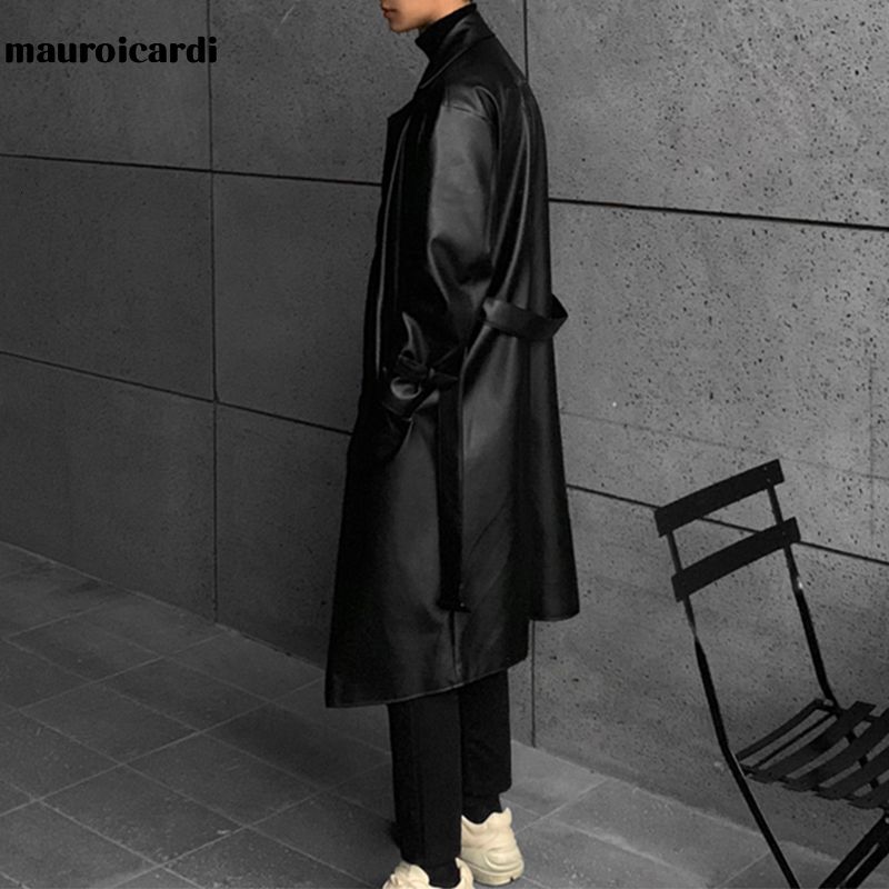 Mauroicardi Spring Long Black Waterproof Leather Blazer Men Long
