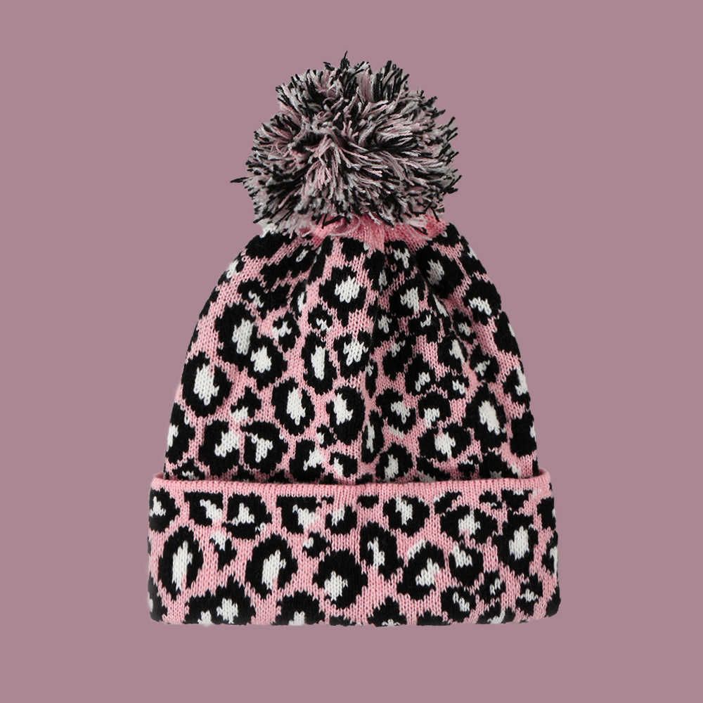 wool ball leopard knit hat - pink