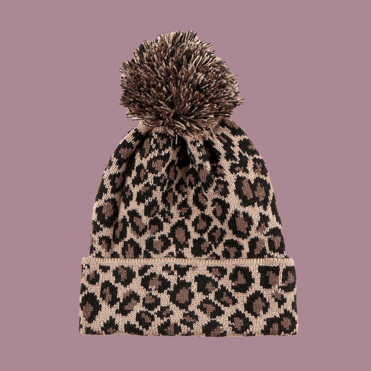 wool ball leopard pattern knitted hat1