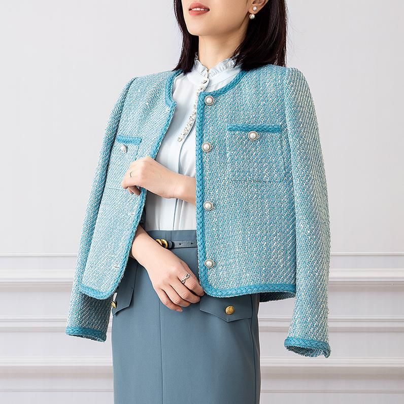 Womens Jackets Elegant Luxury Blue Plaid Tweed Jacket Women Vintage Round  Neck Pearl Button Design Short Coat Korean Fashion Chaqueta 230823 From  Huan03, $29.54