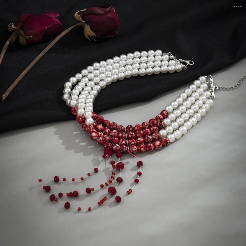 Halloween Blood Pattern Pearl Necklace Multi-layer Pearl Chokers Gothic  Jewelry