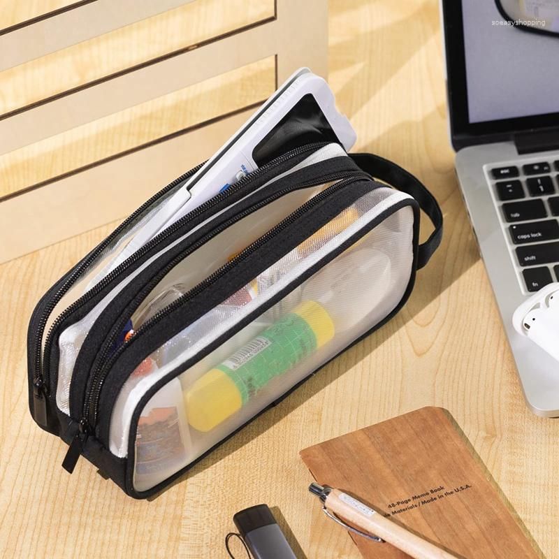 Wholesale Compartment Pen Bags Clear Handheld Multifunction Pencil Pouch  For Teen Students Black From Soeasyshopping, $13.36