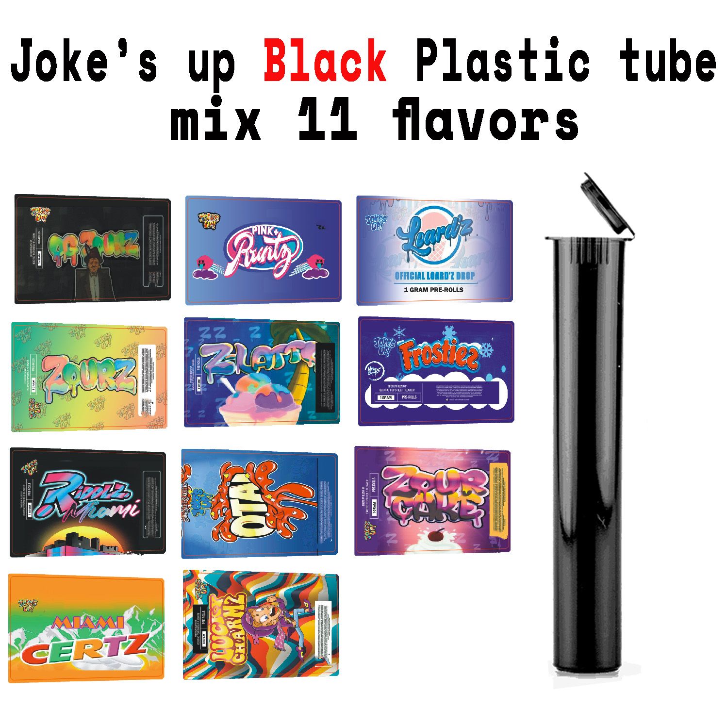Tube noir + étiquette (mélanger 11 saveurs)