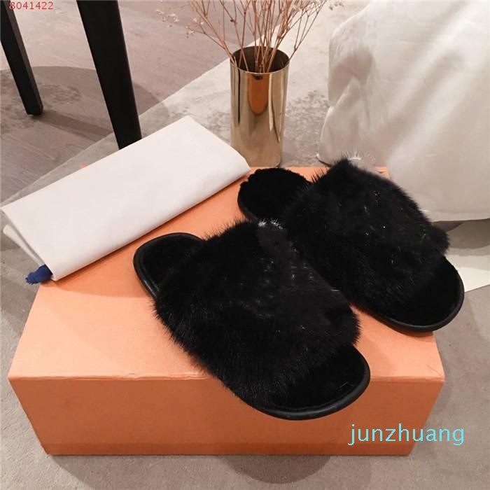 Mink Fur Flat Women Home Slippers With Fur, Soft Suite Flat Mules