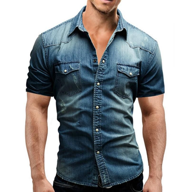 Camisa Delgada Mezclilla Manga Corta Bolsillos Delgados Jeans Elásticos Camisas De Vaquero Tamaño M 3xl336f De € | DHgate