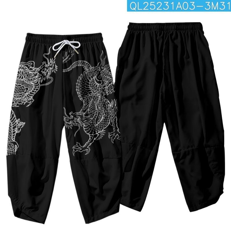 Pantalones de hombres dibujos animados dragón chino impresos negros  pantalones japoneses pantalones elásticos cintura elástica kimono