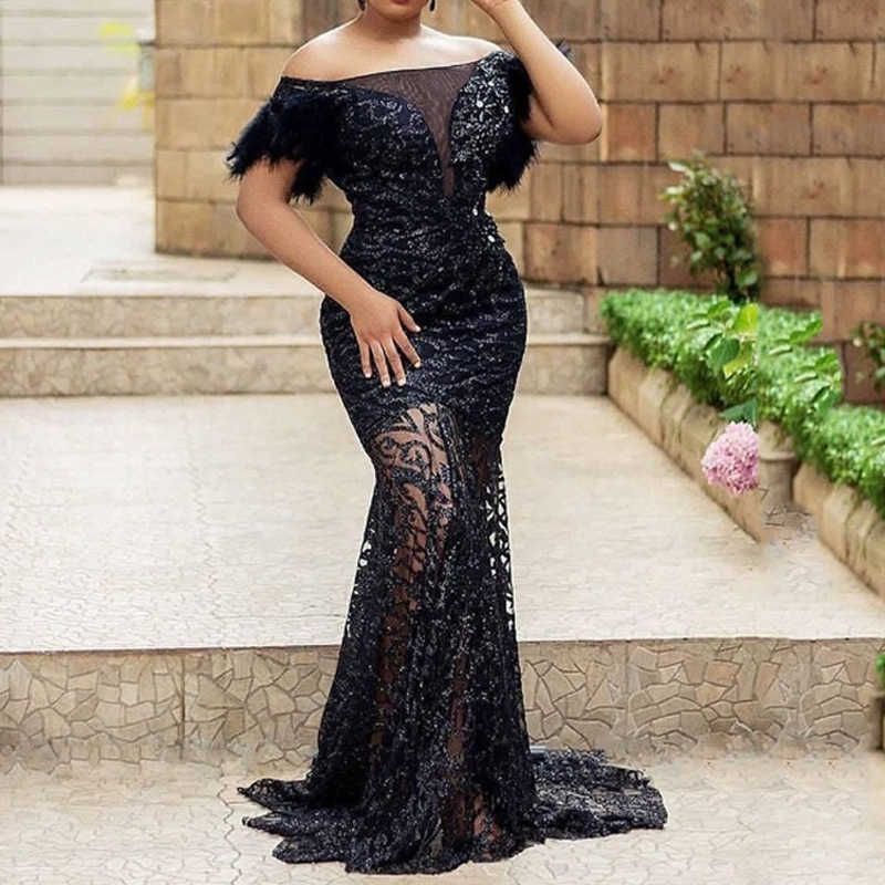 Autumn Sexy Dress Sequin Stitching Mesh Shoulder Slimming Evening Dress