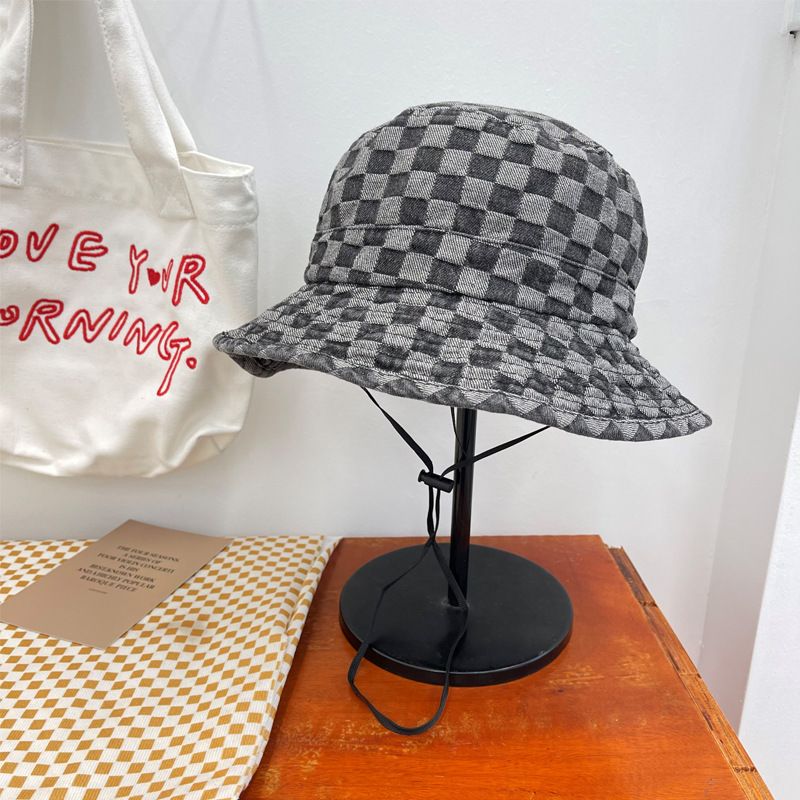 Washed Denim Checkerboard Pattern Flat Top Foldable Bucket Hat