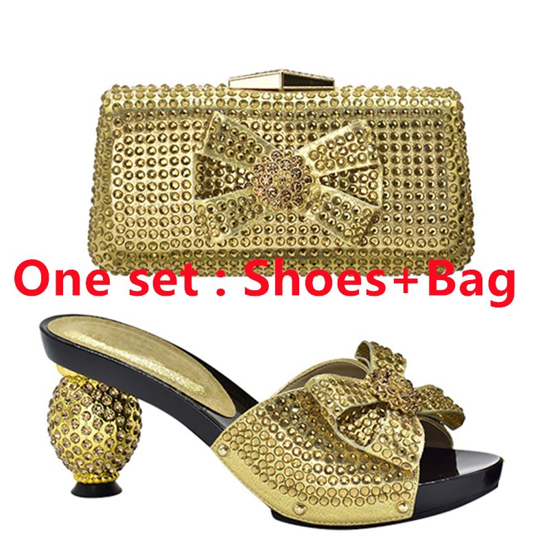 gold shoes and bag