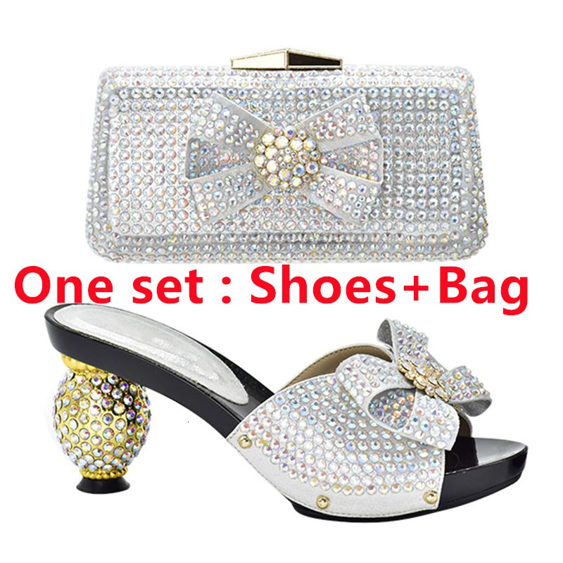 silver shoes and bag